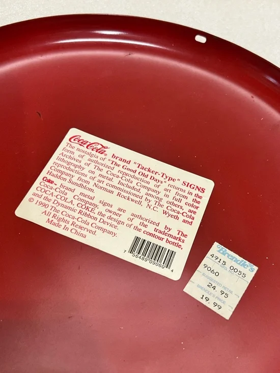 Vintage 1990 Coca Cola Button Round Red Metal Button Tacker Type Style Sign - Picture 6 of 7
